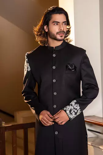 Black Hand Embroidered Bandhgala