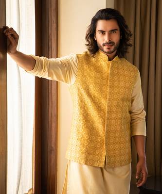 Yellow Zari Embroidered Jacket With Contrast Kurta Set. 2
