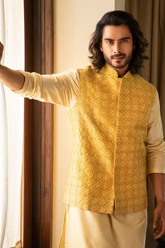 Yellow Zari Embroidered Jacket With Contrast Kurta Set.