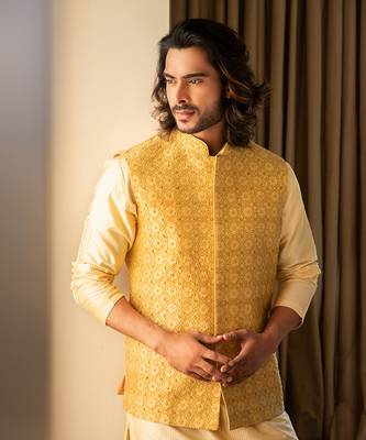 Yellow Zari Embroidered Jacket With Contrast Kurta Set. 3