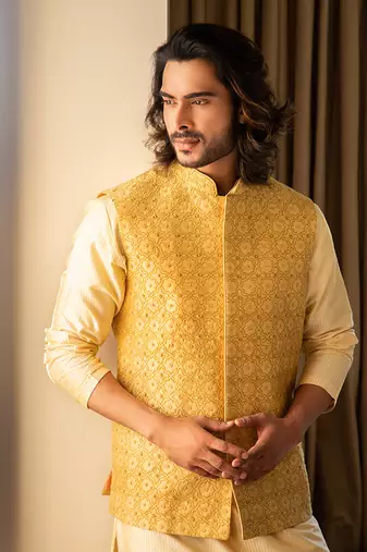 Yellow Zari Embroidered Jacket With Contrast Kurta Set.