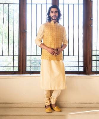 Yellow Zari Embroidered Jacket With Contrast Kurta Set. 1