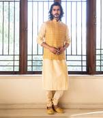 Yellow Zari Embroidered Jacket With Contrast Kurta Set.