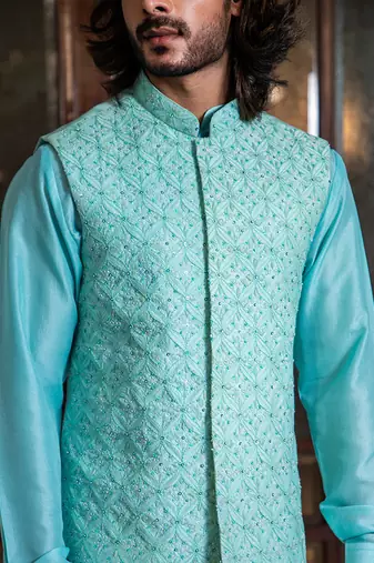 Hand Embroidered Jacket With Sequin Highlights And Kurta Set.