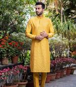 Mustard Embroidered Diagonal Cut Kurta With Pants.