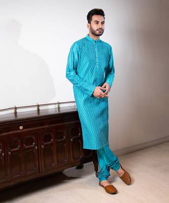 Turquoise Blue Diagonal Pintuck Kurta Set. 1