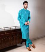Turquoise Blue Diagonal Pintuck Kurta Set.