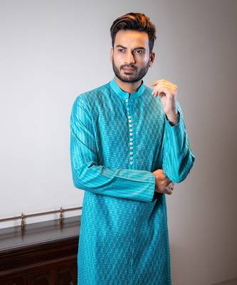 Turquoise Blue Diagonal Pintuck Kurta Set. 2