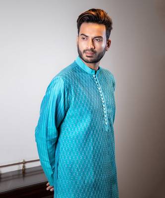 Turquoise Blue Diagonal Pintuck Kurta Set. 3