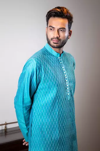 Turquoise Blue Diagonal Pintuck Kurta Set.