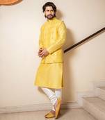Lemon Yellow Mirror Bandi With Kurta Set.