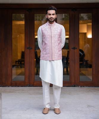 Offwhite  Pleated Kurta Set With Pink Embroidered Jacket. 1