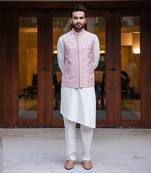 Offwhite  Pleated Kurta Set With Pink Embroidered Jacket.