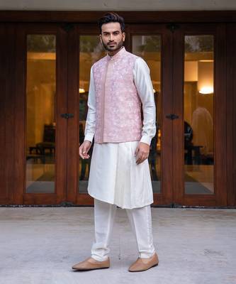 Offwhite  Pleated Kurta Set With Pink Embroidered Jacket. 2