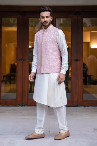 Offwhite  Pleated Kurta Set With Pink Embroidered Jacket.