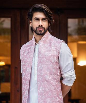 Onion Pink Long Embroidered Jacket With Offwhite Kurta Set 2