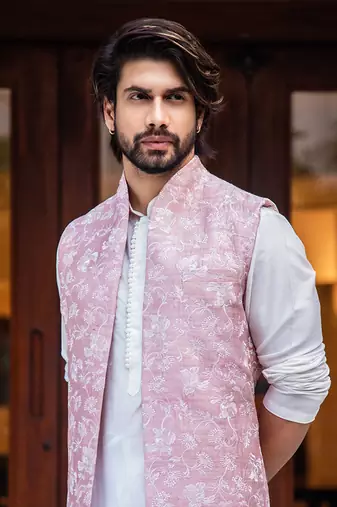 Onion Pink Long Embroidered Jacket With Offwhite Kurta Set