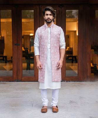 Onion Pink Long Embroidered Jacket With Offwhite Kurta Set 1