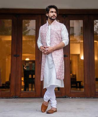 Onion Pink Long Embroidered Jacket With Offwhite Kurta Set 3