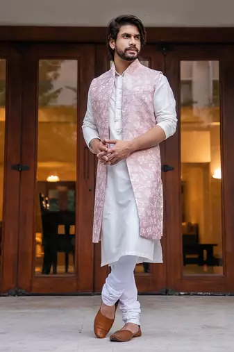 Onion Pink Long Embroidered Jacket With Offwhite Kurta Set