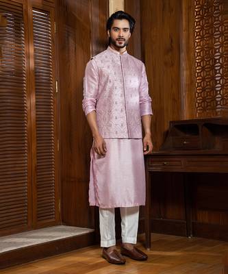 Lavender Hand Embroidered Jacket With Kurta Set 1