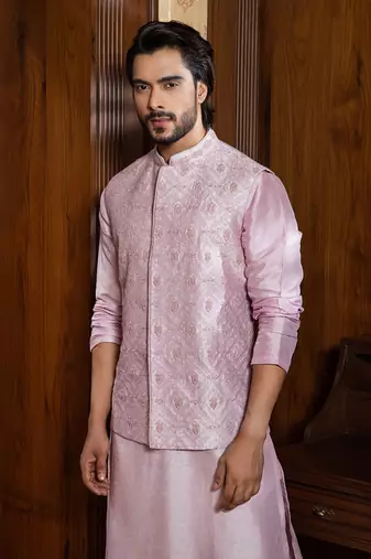 Lavender Hand Embroidered Jacket With Kurta Set