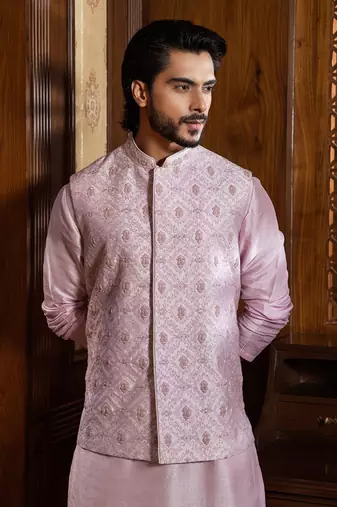 Lavender Hand Embroidered Jacket With Kurta Set