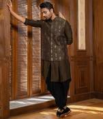 Olive Hand Embroidered Jacket With Kurta Set