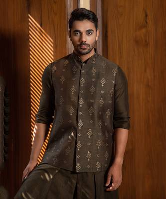 Olive Hand Embroidered Jacket With Kurta Set 2