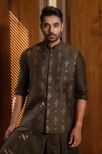Olive Hand Embroidered Jacket With Kurta Set