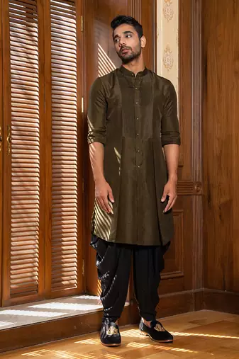 Olive Hand Embroidered Jacket With Kurta Set