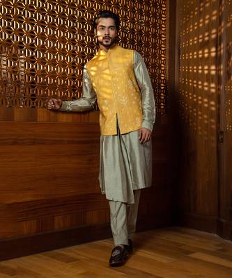 Mustard Silk Jacket With Pleated Kurta Set 1