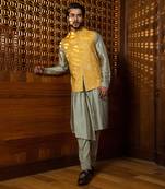 Mustard Silk Jacket With Pleated Kurta Set