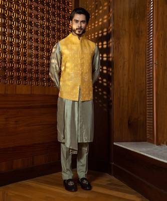 Mustard Silk Jacket With Pleated Kurta Set 2
