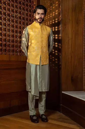 Mustard Silk Jacket With Pleated Kurta Set
