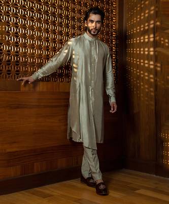 Mustard Silk Jacket With Pleated Kurta Set 3
