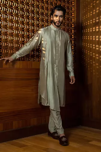 Mustard Silk Jacket With Pleated Kurta Set
