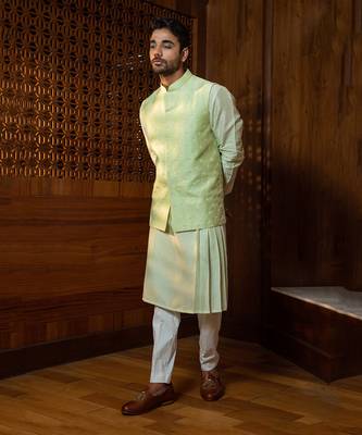 Mint  Embroidered Jacket With Kurta Set 1