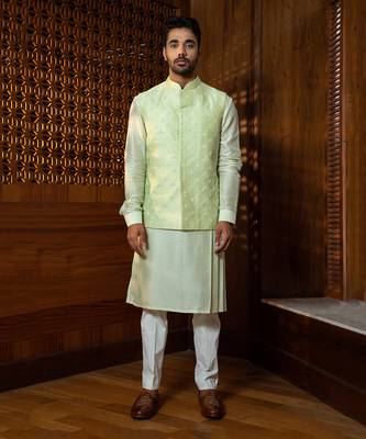 Mint  Embroidered Jacket With Kurta Set 2