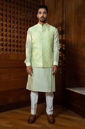 Mint  Embroidered Jacket With Kurta Set