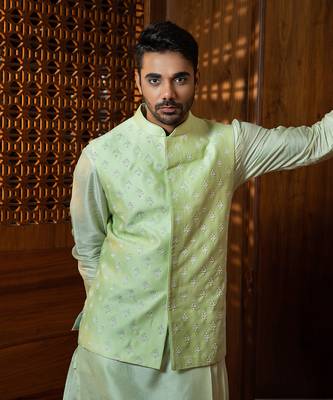Mint  Embroidered Jacket With Kurta Set 3