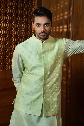 Mint  Embroidered Jacket With Kurta Set