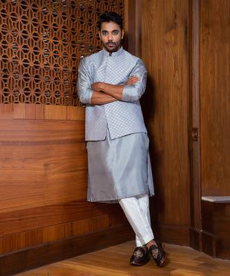 Frost Blue Hand Embroidered Jacket With Kurta Set 1