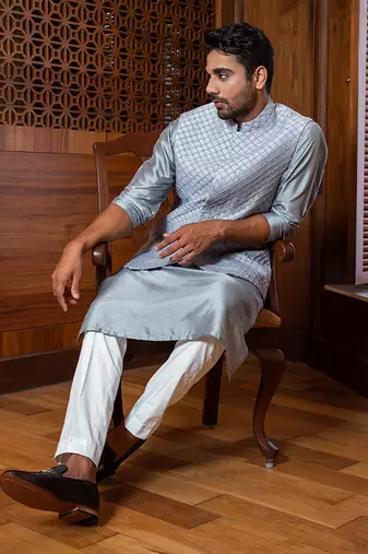 Frost Blue Hand Embroidered Jacket With Kurta Set