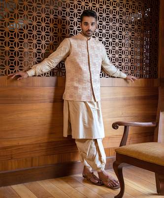 Fawn Hand Embroidered Jacket With Kurta And Dhoti 1