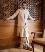 Fawn Hand Embroidered Jacket With Kurta And Dhoti