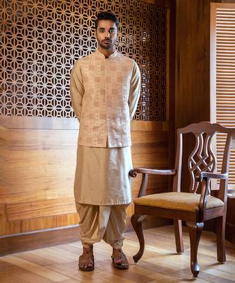 Fawn Hand Embroidered Jacket With Kurta And Dhoti 2