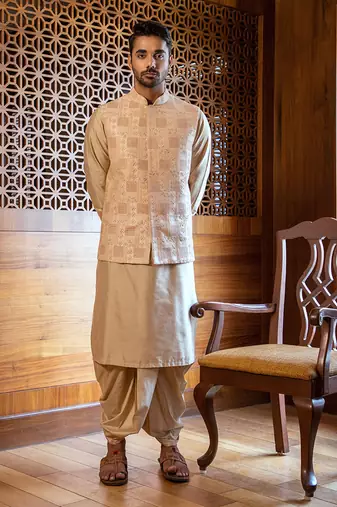 Fawn Hand Embroidered Jacket With Kurta And Dhoti