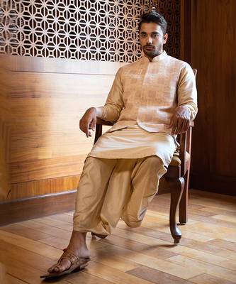 Fawn Hand Embroidered Jacket With Kurta And Dhoti 3