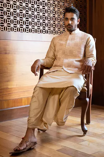 Fawn Hand Embroidered Jacket With Kurta And Dhoti